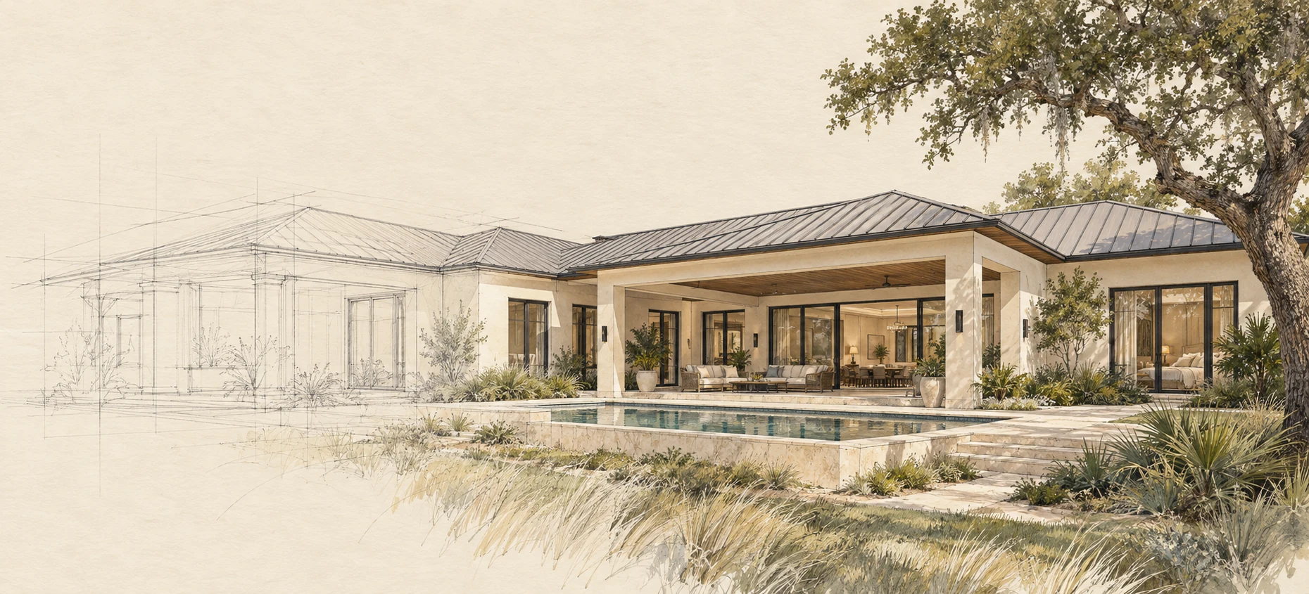 A courtyard home taking shape, from fine pencil construction lines to walls, a shaded porch and native planting.