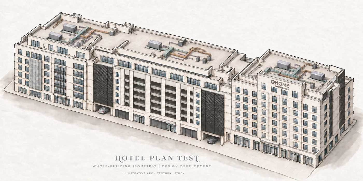 Pen-and-watercolor style view of the connected hotel wings, central parking structure and rooftop equipment, with the complete Hotel Plan Test study title.