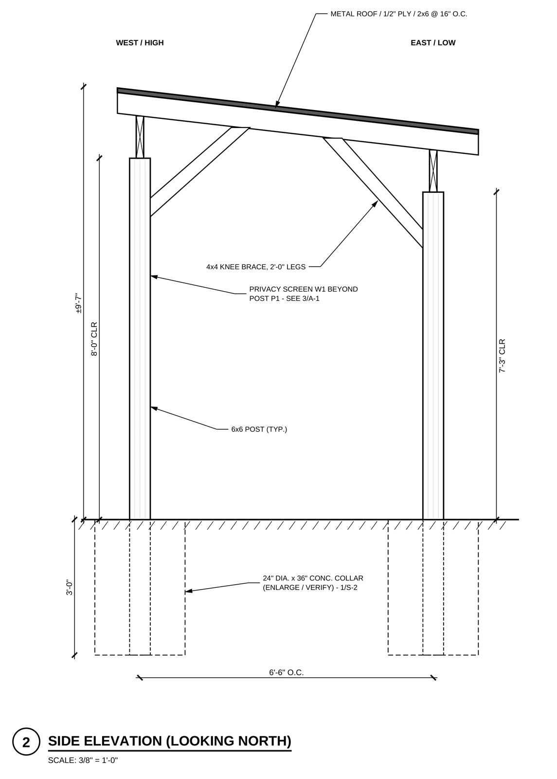Pergola side elevation showing the single-pitch roof, posts, braces and below-grade collars.