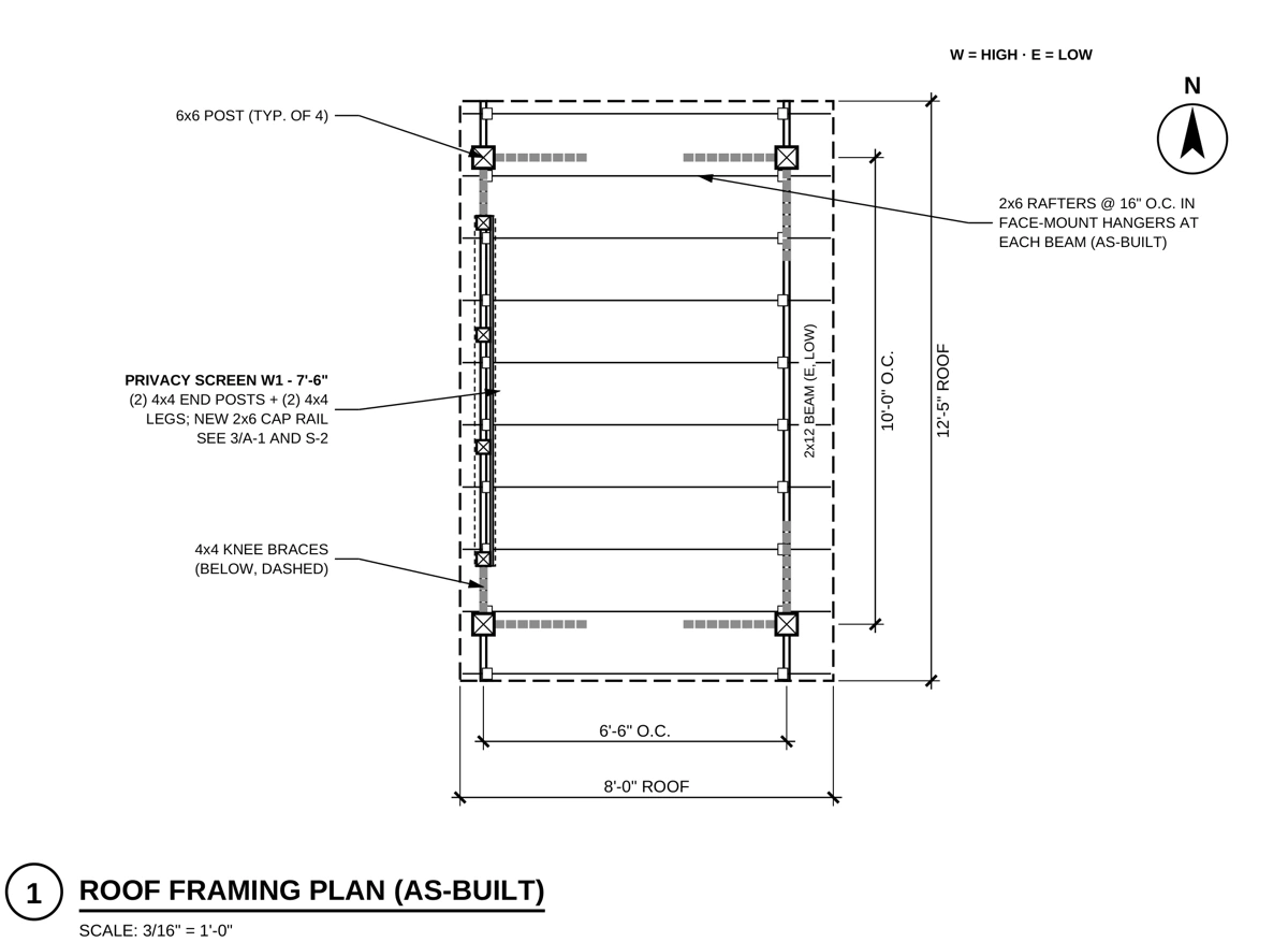 Timber pergola roof plan with member positions, dimensions and privacy-screen references.