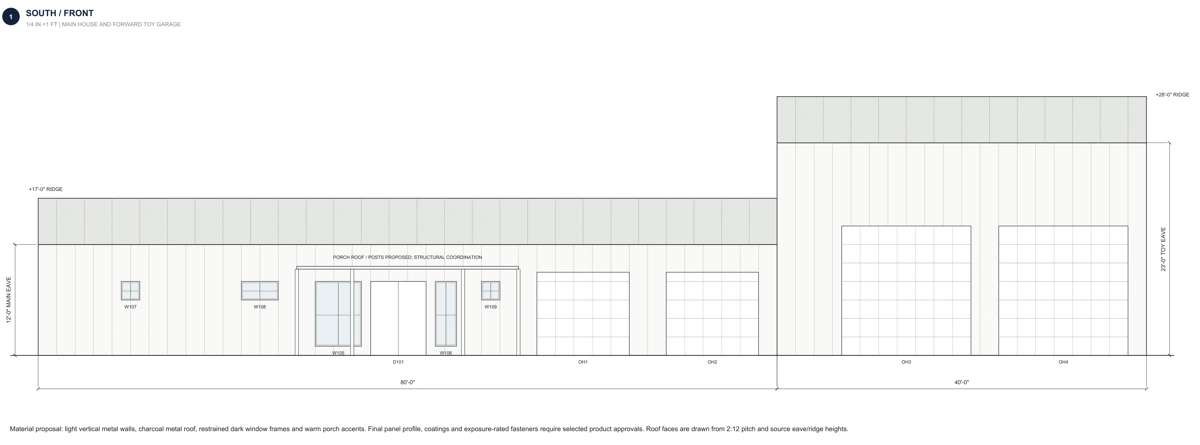 Front elevation of a low main residence and taller attached toy garage, with four garage openings.