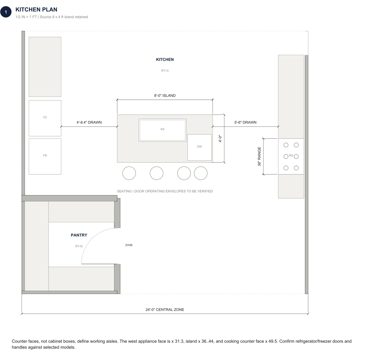 Kitchen plan showing the island, pantry, working aisles and appliance positions.