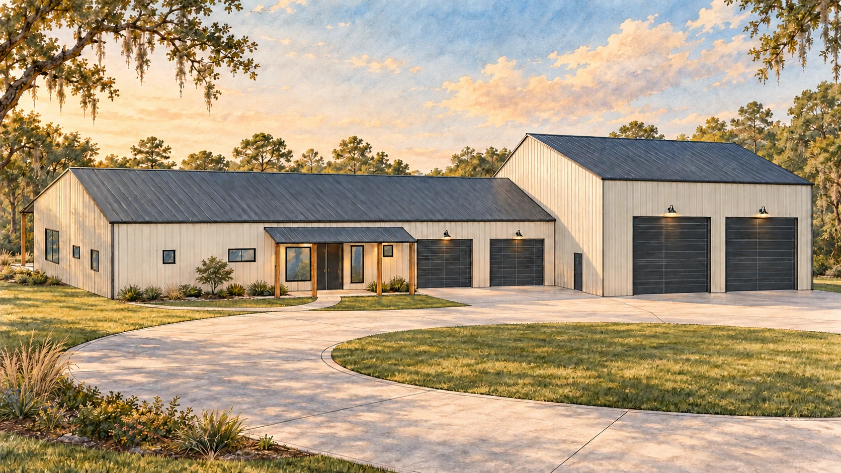 Illustrated front view of the residence and taller toy garage, with a sheltered entry and light metal siding.
