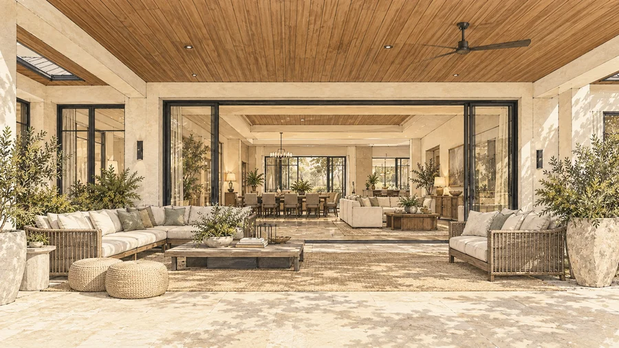 Illustrative view from a covered terrace toward the courtyard garden.